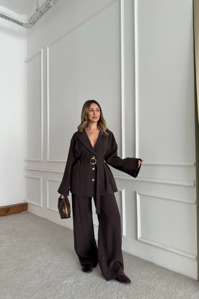 KAHVE GENİŞ MANŞETLİ CEKET PANTOLON TAKIM