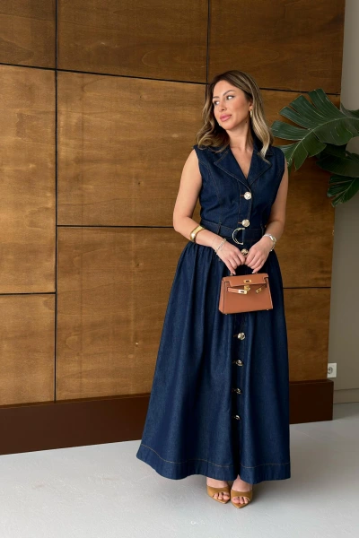 GOLD DÜĞME DETAY UZUN KOT ELBİSE