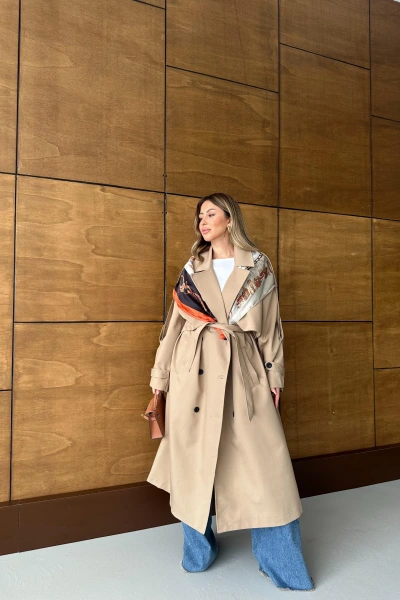 CAMEL DÜĞMELİ MANŞET DETAY KUŞAKLI TRENÇKOT