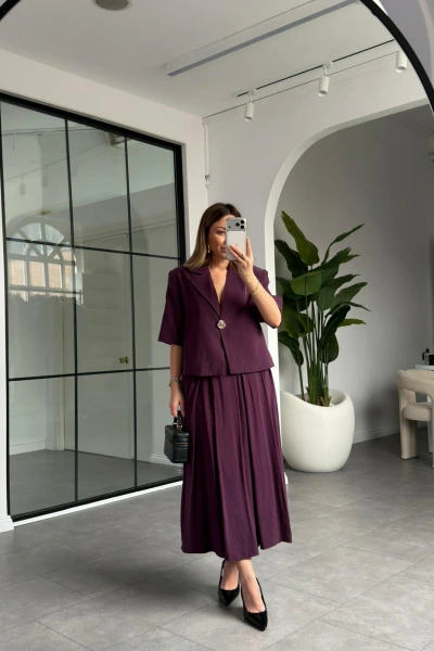 MÜRDÜM GOLD TEK DÜĞMELİ KISA CEKET ETEK TAKIM