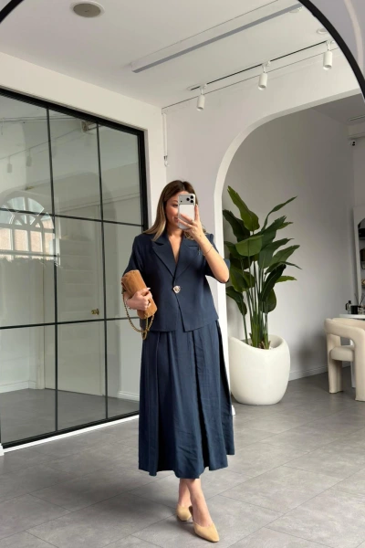 LACİVERT GOLD TEK DÜĞMELİ KISA CEKET ETEK TAKIM