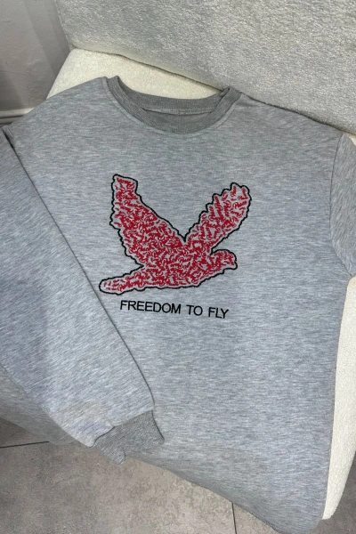 Gri Kuş Baskılı Şardonlu Sweatshirt