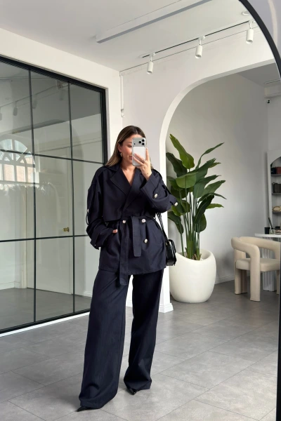 LACİVERT APOLET DETAY KUŞAKLI CEKET PANTOLON TAKIM