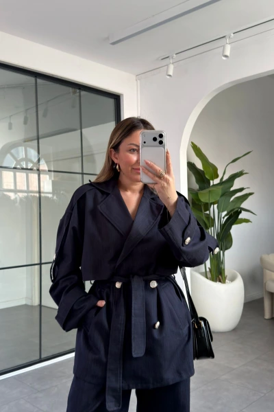 LACİVERT APOLET DETAY KUŞAKLI CEKET PANTOLON TAKIM