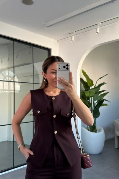 MÜRDÜM GOLD DÜĞMELİ CEP KAPAKLI YELEK PANTOLON TAKIM