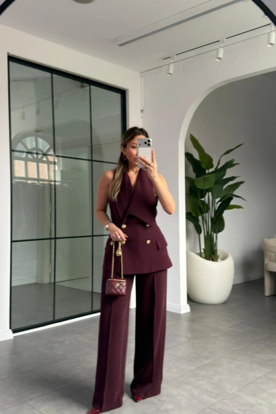 BORDO ASİMETRİK YAKA GOLD DÜĞMELİ YELEK PANTOLON TAKIM