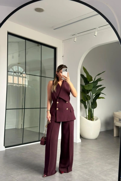 BORDO ASİMETRİK YAKA GOLD DÜĞMELİ YELEK PANTOLON TAKIM
