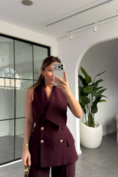 BORDO ASİMETRİK YAKA GOLD DÜĞMELİ YELEK PANTOLON TAKIM