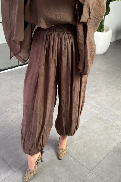 KAHVE DÖKÜMLÜ ŞİFON ŞALVAR PANTOLON