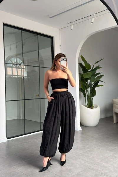 SİYAH DÖKÜMLÜ ŞİFON ŞALVAR PANTOLON