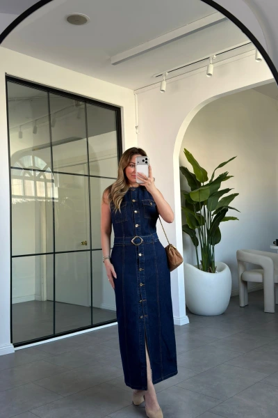 SIFIR KOL GOLD DÜĞMELİ JEAN ELBİSE 9303