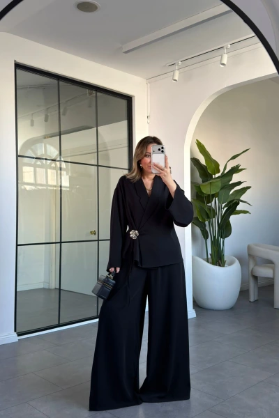 SİYAH GÜL BROŞLU KİMONO TAKIM 8896