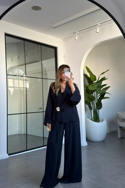 LACİVERT GÜL BROŞLU KİMONO TAKIM 8896