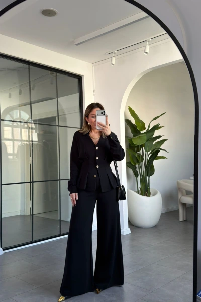 SİYAH V YAKA BELDEN OTURTMALI CEKET TAKIM 03026