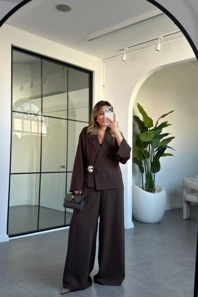 KAHVE GÜL BROŞLU KİMONO TAKIM 8896