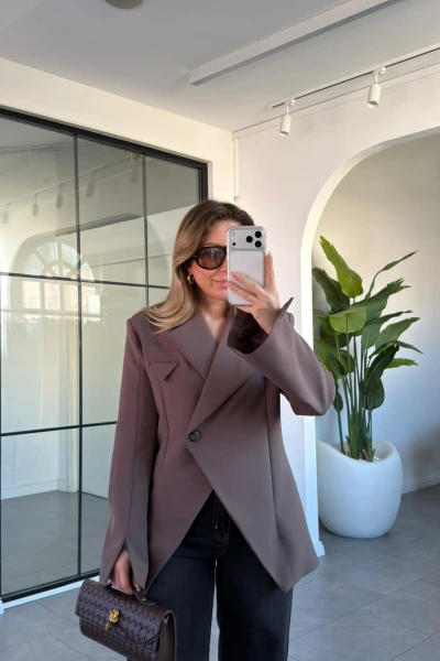 KAHVE ASİMETRİK ATLAS CEKET 9703