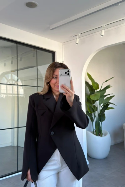 SİYAH ASİMETRİK ATLAS CEKET 9703