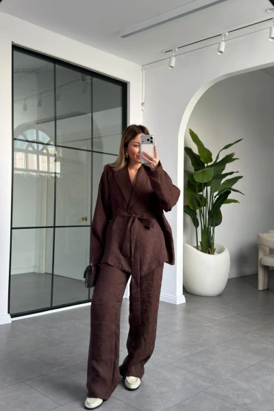 KAHVE ŞAL YAKA KİMONO TAKIM