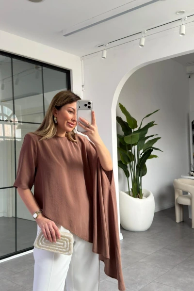 KAHVE MODAL PELERİNLİ BLUZ 8789