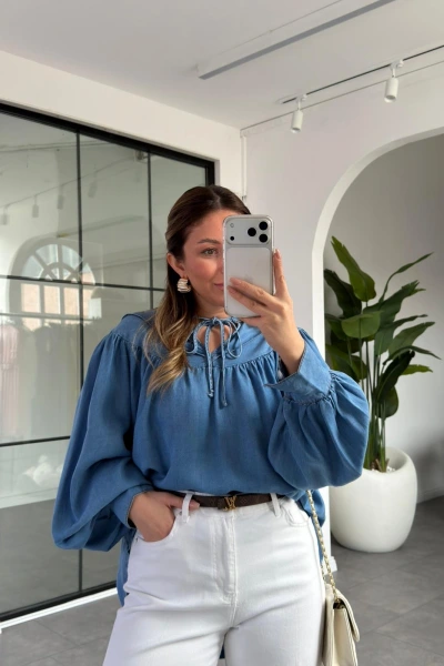 MAVİ DÖKÜMLÜ KOT GÖMLEK