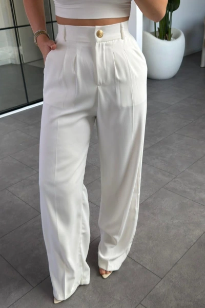 BEYAZ GOLD DÜĞMELİ PİLELİ PALAZZO PANTOLON