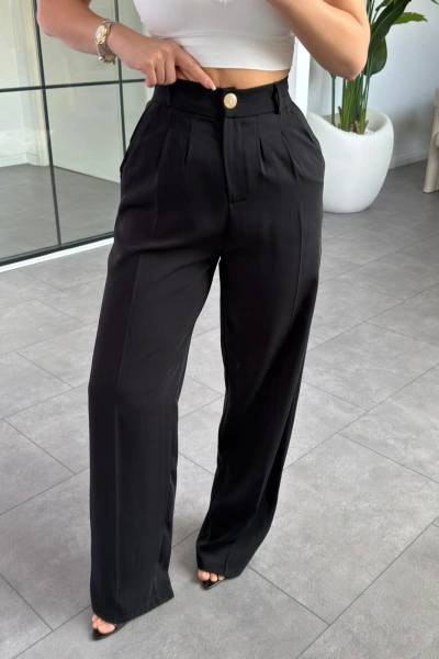 SİYAH GOLD DÜĞMELİ PİLELİ PALAZZO PANTOLON