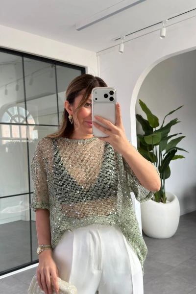 SU YEŞİLİ PULLU BLUZ 7878