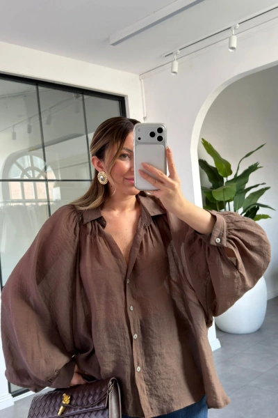 KAHVE OVERSİZE TRANSPARAN GÖMLEK