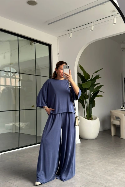 İNDİGO BEL DETAYLI DÖKÜMLÜ MODAL TAKIM