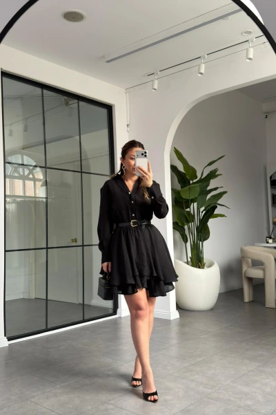 SİYAH TASARIM VOLANLI ELBİSE 12417