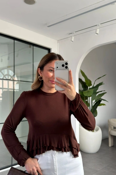 KAHVE ETEKLİ TRANSPARAN BLUZ 14385