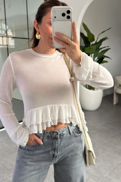 EKRU ETEKLİ TRANSPARAN BLUZ 14385