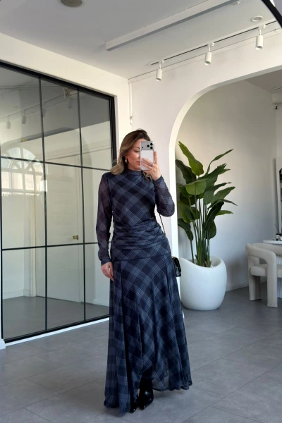 LACİVERT EKOSE DESEN BLUZ ETEK TAKIM 2095