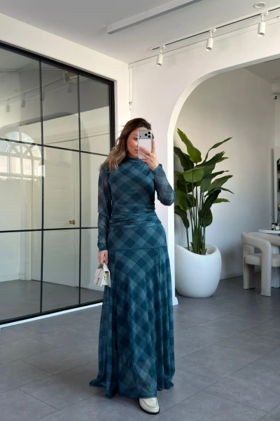 PETROL YEŞİLİ EKOSE DESEN BLUZ ETEK TAKIM 2095