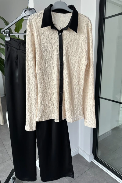 SİYAH DANTEL GÖMLEK SATEN PANTOLON TAKIM 60625