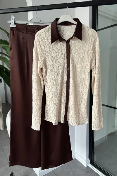 KAHVERENGİ DANTEL GÖMLEK SATEN PANTOLON TAKIM 60625