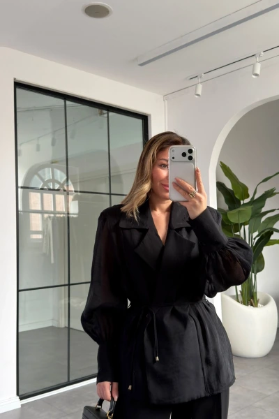 SİYAH VATKALI KİMONO GÖMLEK 5029