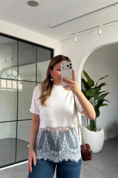 BEYAZ MODAL DANTELLİ CROP T-SHIRT 1074