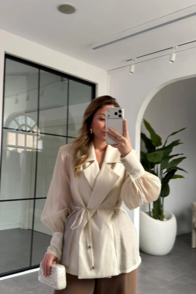 EKRU VATKALI KİMONO GÖMLEK 5029