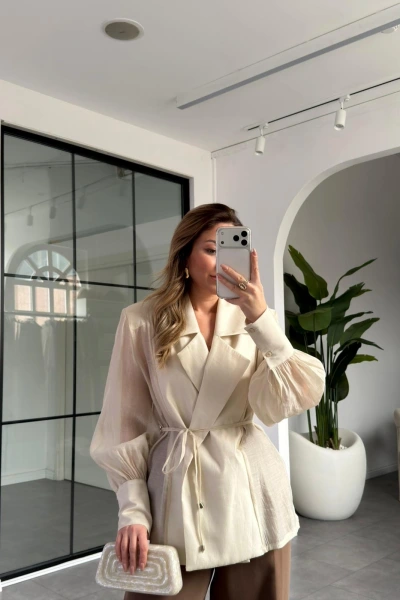 EKRU VATKALI KİMONO GÖMLEK 5029