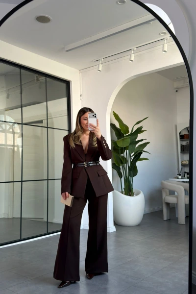 KAHVERENGİ ÇİFT KEMERLİ CEKET PANTOLON TAKIM 9268