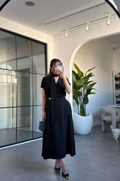 SİYAH TEK DÜĞMELİ ELBİSE 6767