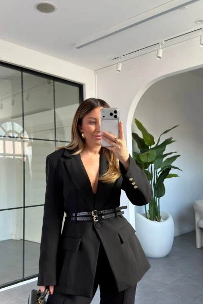 SİYAH ÇİFT KEMERLİ CEKET PANTOLON TAKIM 9268