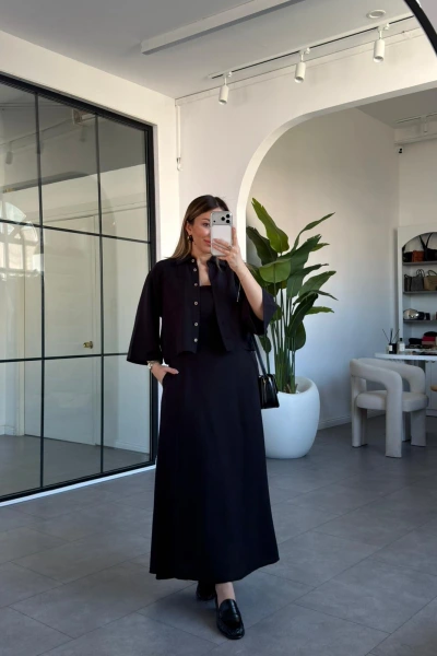 SİYAH ASKILI ELBİSE VE GÖMLEK TAKIM 9679