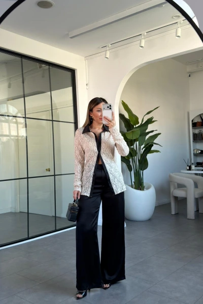 SİYAH DANTEL GÖMLEK SATEN PANTOLON TAKIM 60625