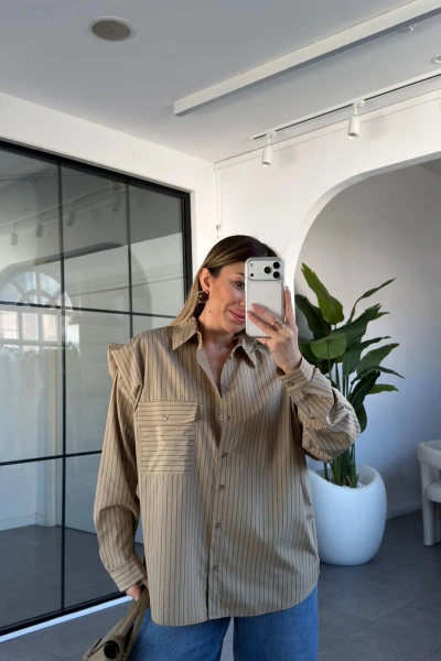 CAMEL ÇİZGİLİ FULAR DETAYLI GÖMLEK 9649