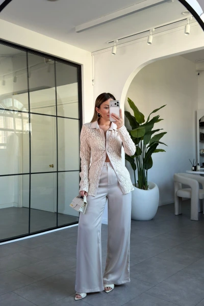 TAŞ DANTEL GÖMLEK SATEN PANTOLON TAKIM 60625