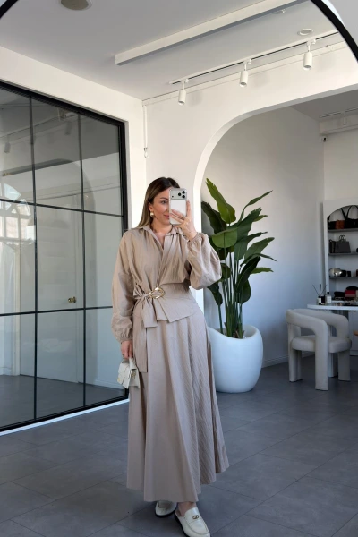 TAŞ GOLD TOKA DETAYLI BLUZ ETEK TAKIM 1300