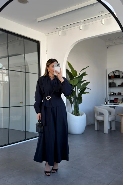 LACİVERT GOLD TOKA DETAYLI BLUZ ETEK TAKIM 1300