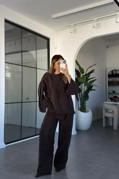 KAHVERENGİ BLUZ PANTOLON TAKIM 51322